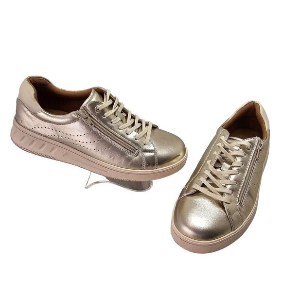 Hush Puppies Spin Champaign Gold Leather Sneakers Womens 9.5M Lace Up Side Zip - Picture 1 of 14